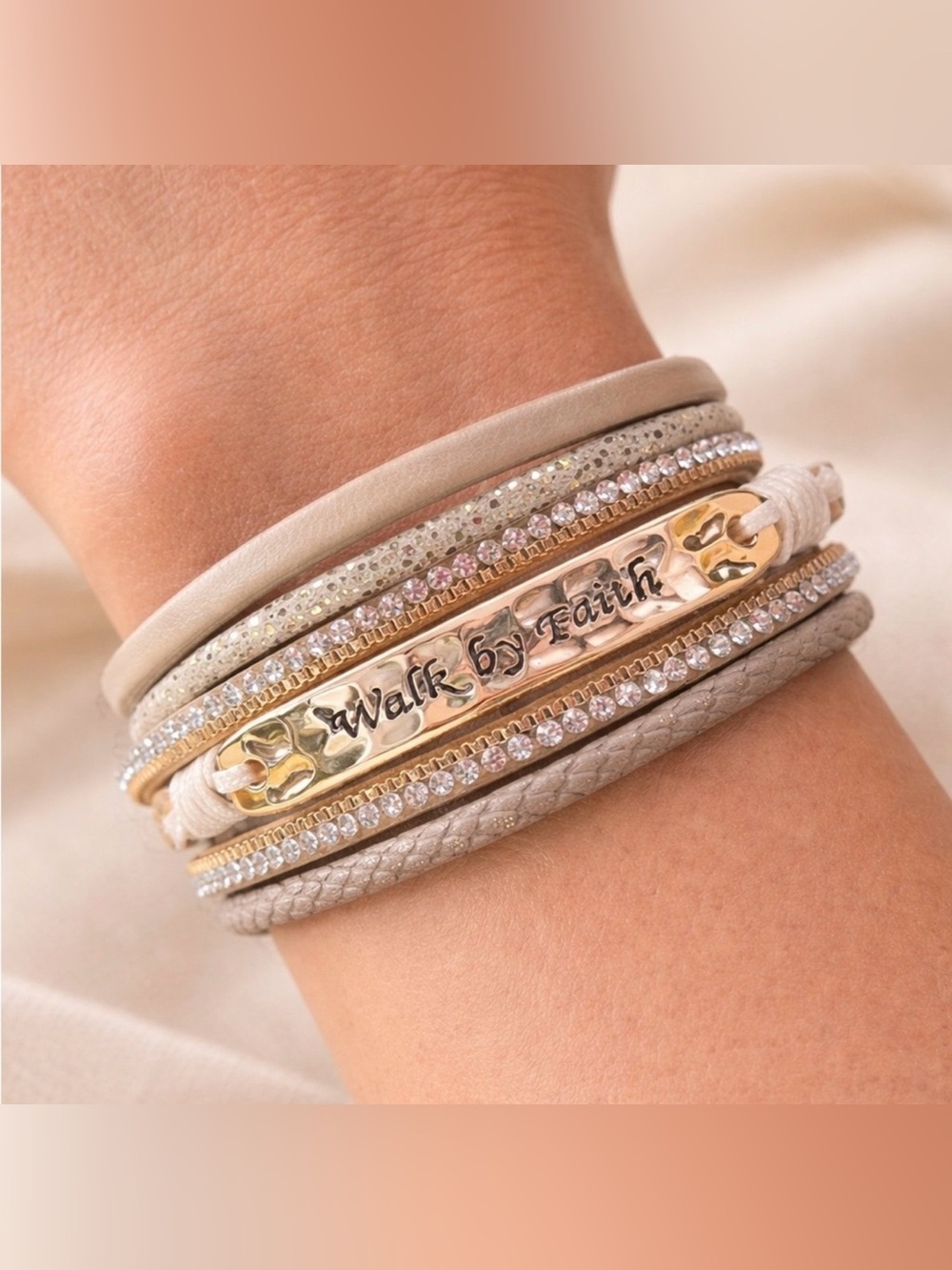 Women’s Walk by Faith Bracelet Stack Two-Tone Hammered Metal Rhinestone